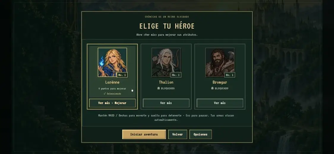 Selección de héroes de Arcane Survivor: Lorënne, Thalion y Bromgar