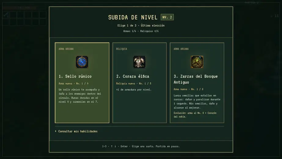 Cartas de mejora al subir de nivel en Arcane Survivor