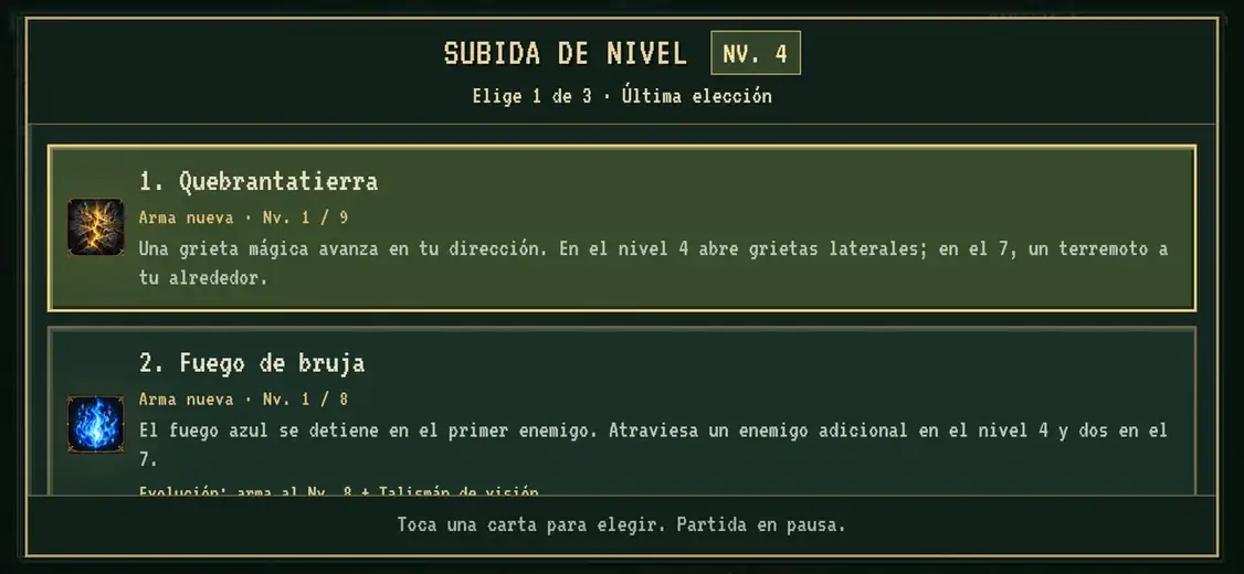 Pantalla de mejoras y reliquias de Arcane Survivor